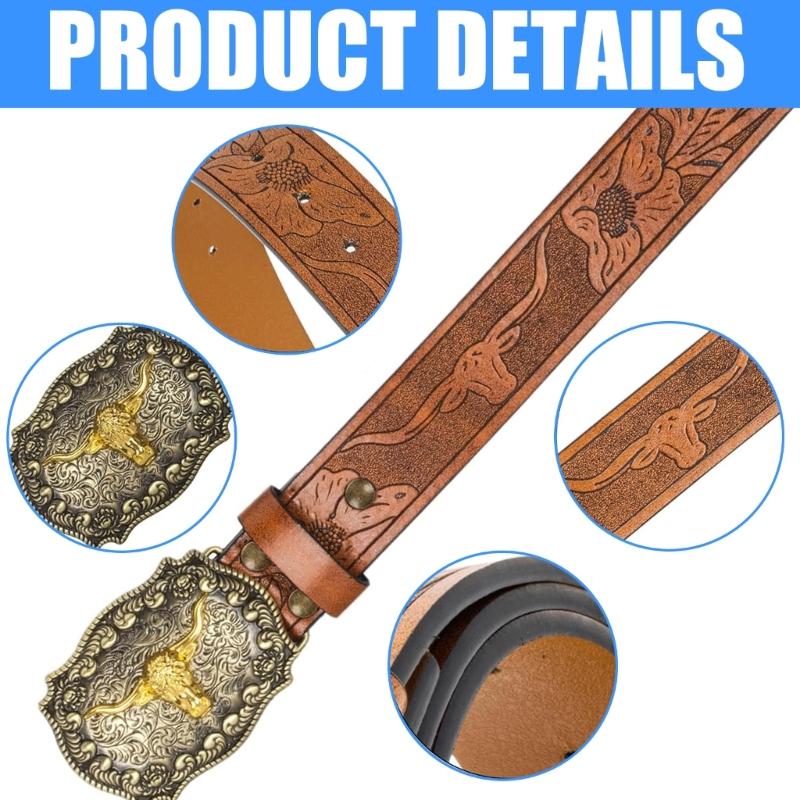 Women Western Belt Engraved Bull Metal Buckle Pants Belt Unisex Cowgirl Belt