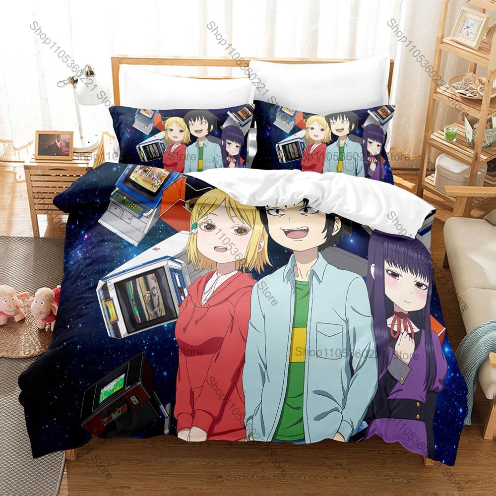 Hi Score Girl Bedding Set Duvet Cover + 2 Pillowcases Retro Arcade Game Haruo Akira 90s Nostalgic Anime Soft Pastel Bedroom