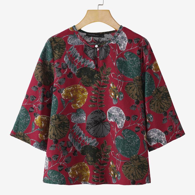 ZANZEA Women Casual Round Neck Loose 3/4 Sleeve Print Cotton Blouse