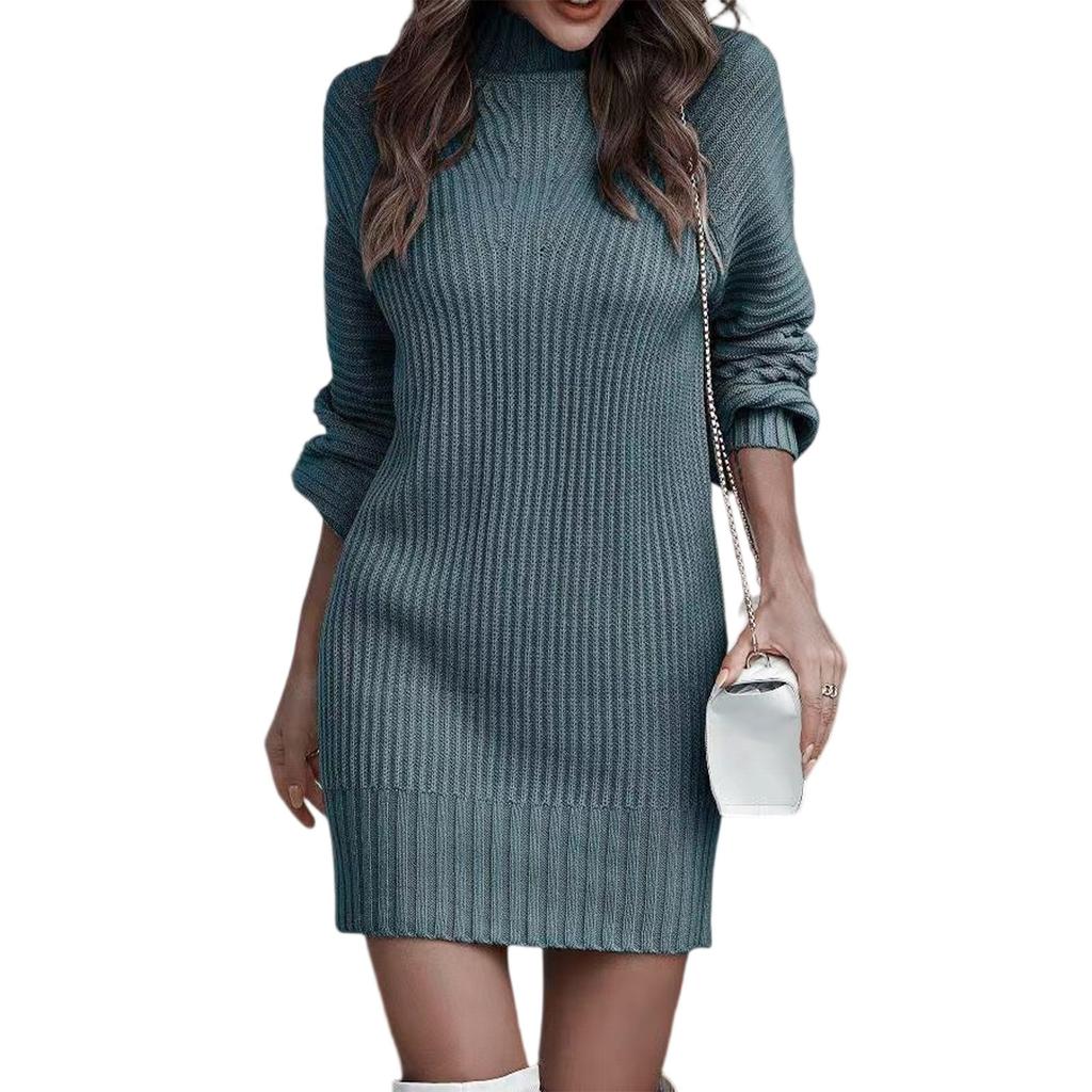 Damen Strickkleid Rollkragen Winterpullover Kleid Strickkleider Midi Einfarbig Langes Wollkleid