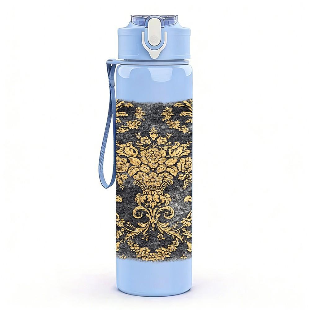 1PC Dark Vintage Damask Pattern Print 750ml Color Plastic Sports Water Bottle Leakproof Flip Straw Lid Suitable for Sports Office Home Use