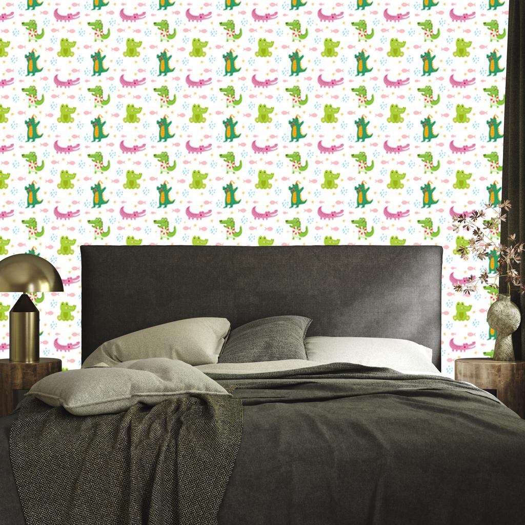 Crocodile wallpaper in white, lime and powder pink for the living room and bedroom 50x1000