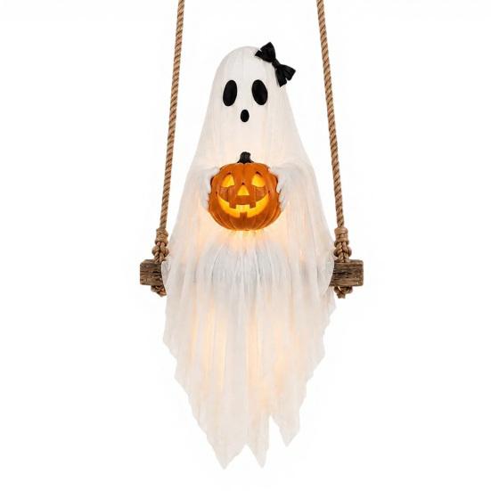 Halloween Gathering Decorations Lighted Ghost Swing with Glowing Pumpkin, Hanging Spooky Decor Indoor Outdoor Holiday for Porch Yard, LED Floating