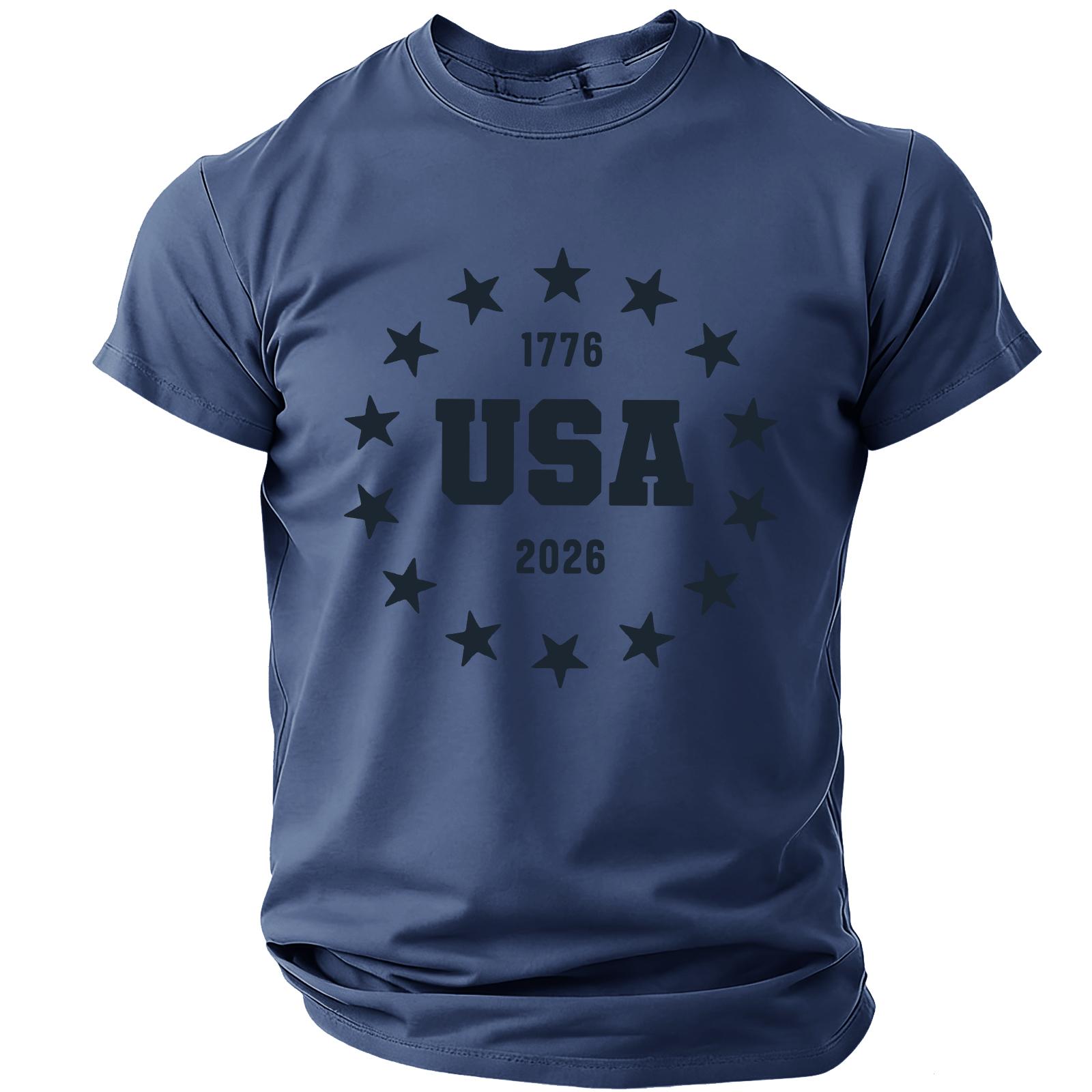 

Men s Casual Lightweight Breathable Short Sleeve T-Shirt Crew Neck Printed Graphic USA Design 1776 to 2026 Anniversary Commemorative Style XL Темно-синій