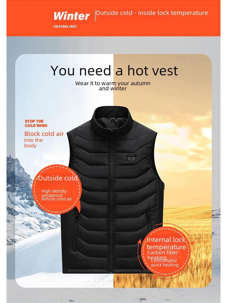 Adjustable Electric Heating Vest with USB, Cotton, Stand-Up Collar, Loose Fit, Large Size