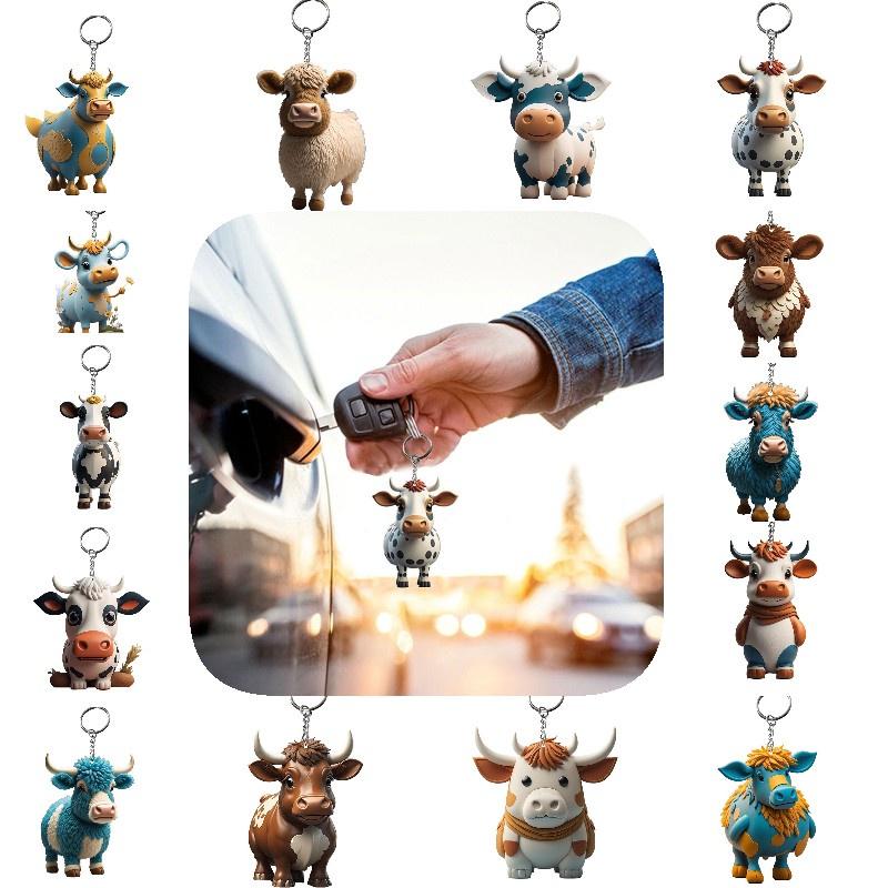 Cow Keychain Cartoon Acrylic Car Keyring Bull Backpacks Pendant Gifts Novelty