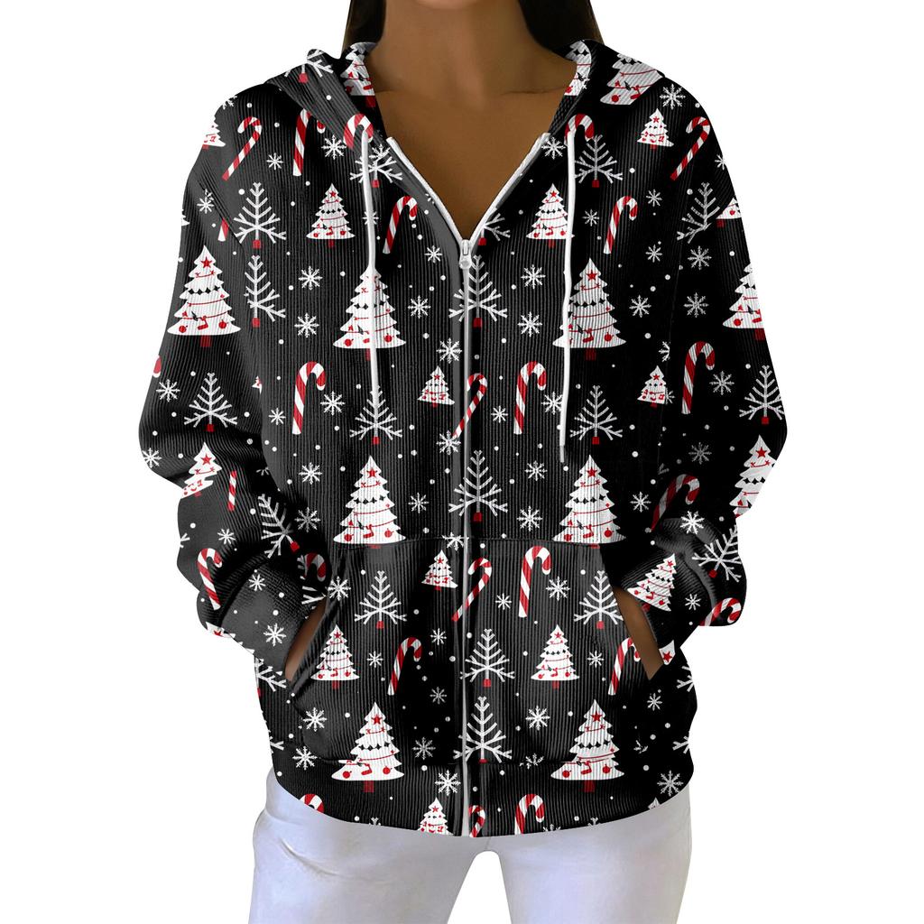 Sudadera con capucha de punto casual para mujer de moda con cremallera y manga larga con estampado navideño