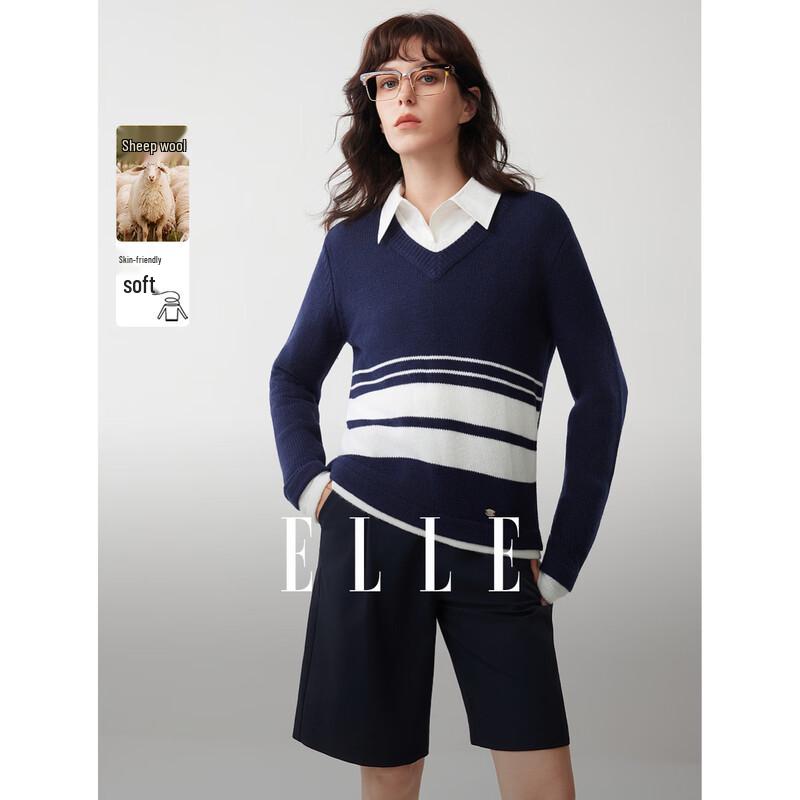 ELLE Women s Striped V-neck Knit Sweater L