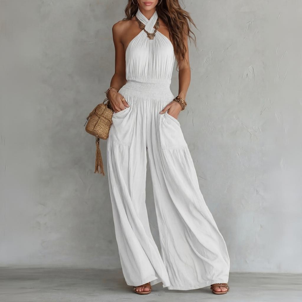 Ärmelloser Rückenfreier Jumpsuit für Damen, Neckholder, Weites Bein, Mit Taschen, Lässiger Lockerer Einteiler