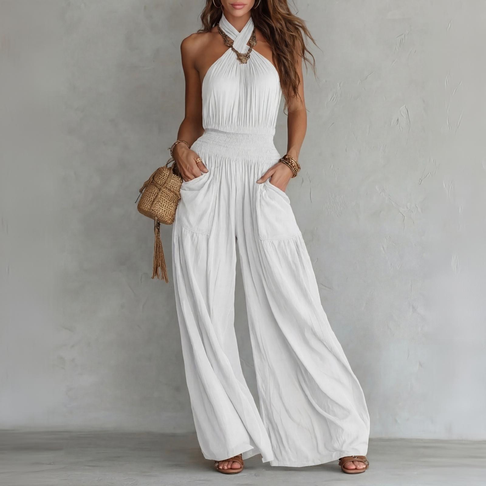 Ärmelloser Rückenfreier Jumpsuit für Damen, Neckholder, Weites Bein, Mit Taschen, Lässiger Lockerer Einteiler S weiß
