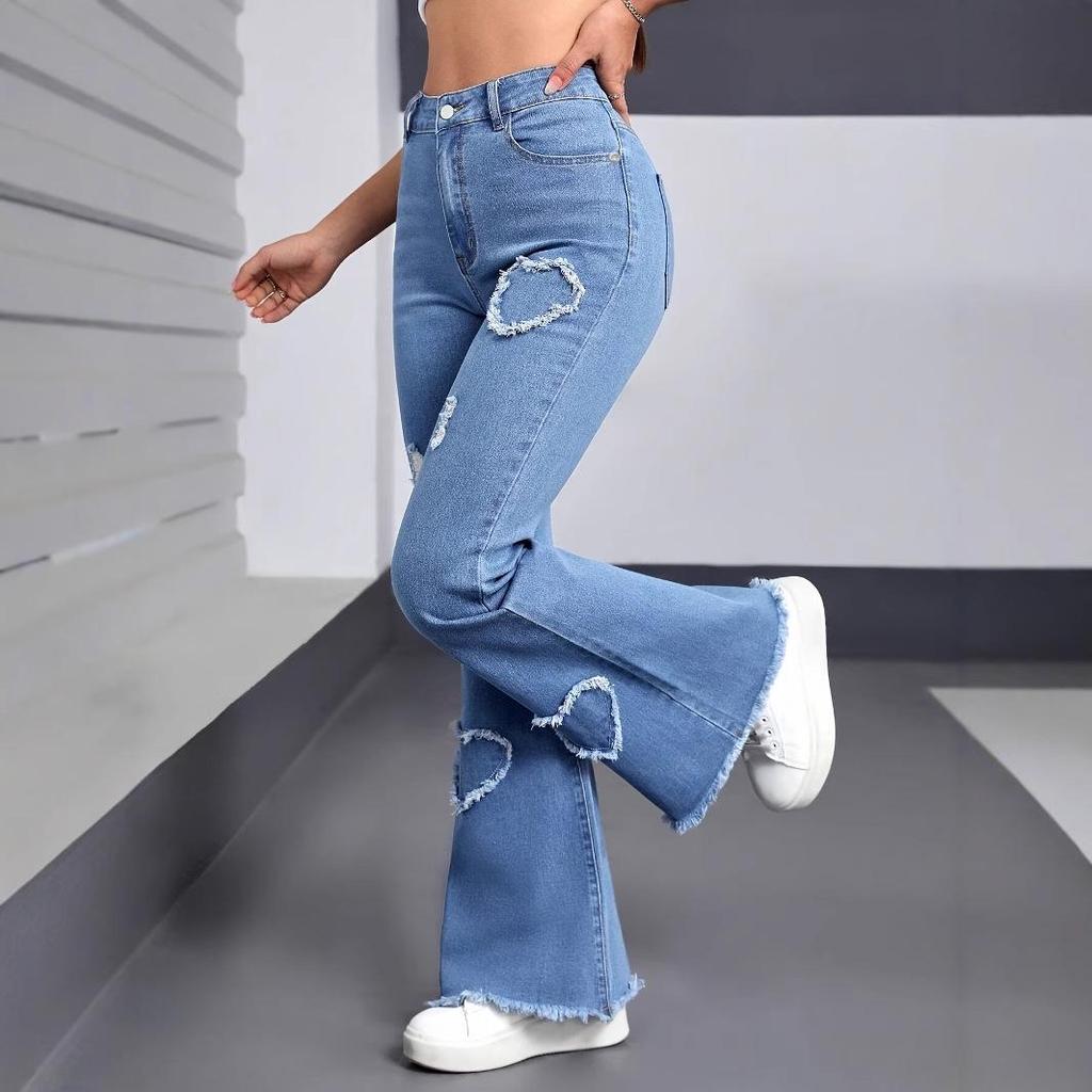 Damen Vielseitige Hell-/Dunkelblaue Schlagjeans mit Modischer Herz-Verzierung und Ripped-Design - Kollektion 2025