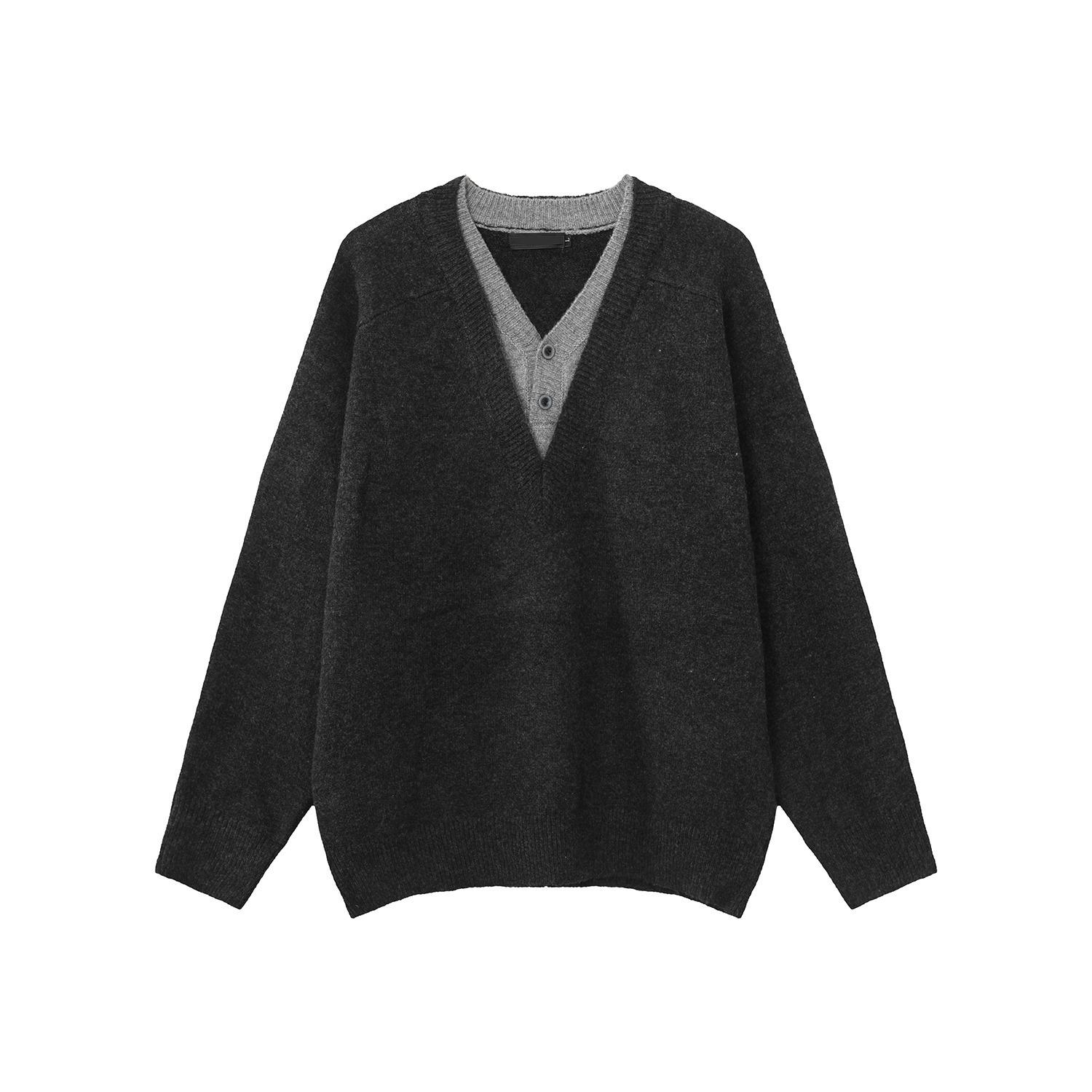 

Korean Style Men s V-Neck Knit Sweater: Versatile Fake Two-Piece for Autumn/Winter 2XL сірий колір/чорний