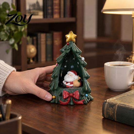 Christmas Tree Figurine with Lights Resin Ornament Warm LED Lights, Festive Tabletop Decor for Holiday Home Fireplace Office Decoration, Santa