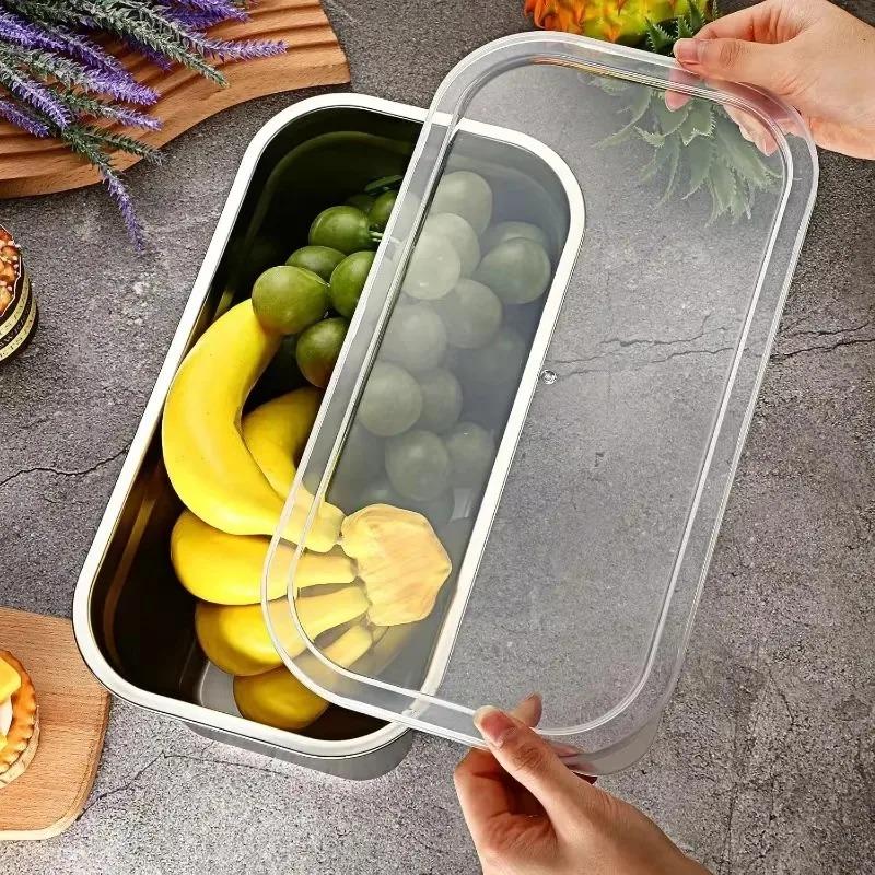 6/1x Edelstahl-Lebensmittelbehälter Verdickt Gefrierschrank-Gemüsefach Rechteckige Lebensmittelaufbewahrungsschale mit Deckel Gerichtschale Frische Lunchplatte