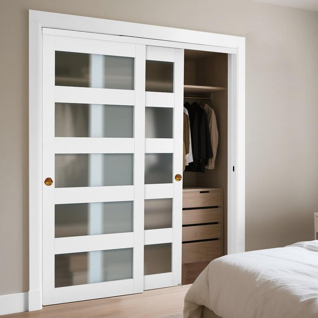 Sliding Closet Door, 1524mm (Double 787mm) x 2032 mm, 5-Lite Frosted Glass Bypass Sliding Doors with Hardware Kit, Solid Wood & MDF Slab with
