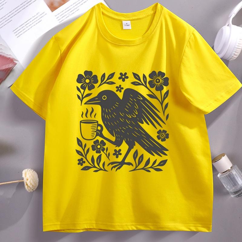 Bohemianstyle Crow Tshirt Designed for Coffee Lovers Casual Shortsleeved Comfortable Round Neck Full of Street StyleYK
