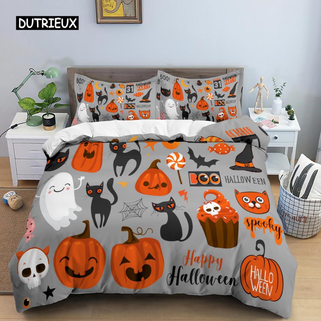 Happy Halloween King Queen Duvet Cover Orange Pumpkin Bedding Set Kids Teens Adults Bats Horror Festival Polyester Quilt Cover