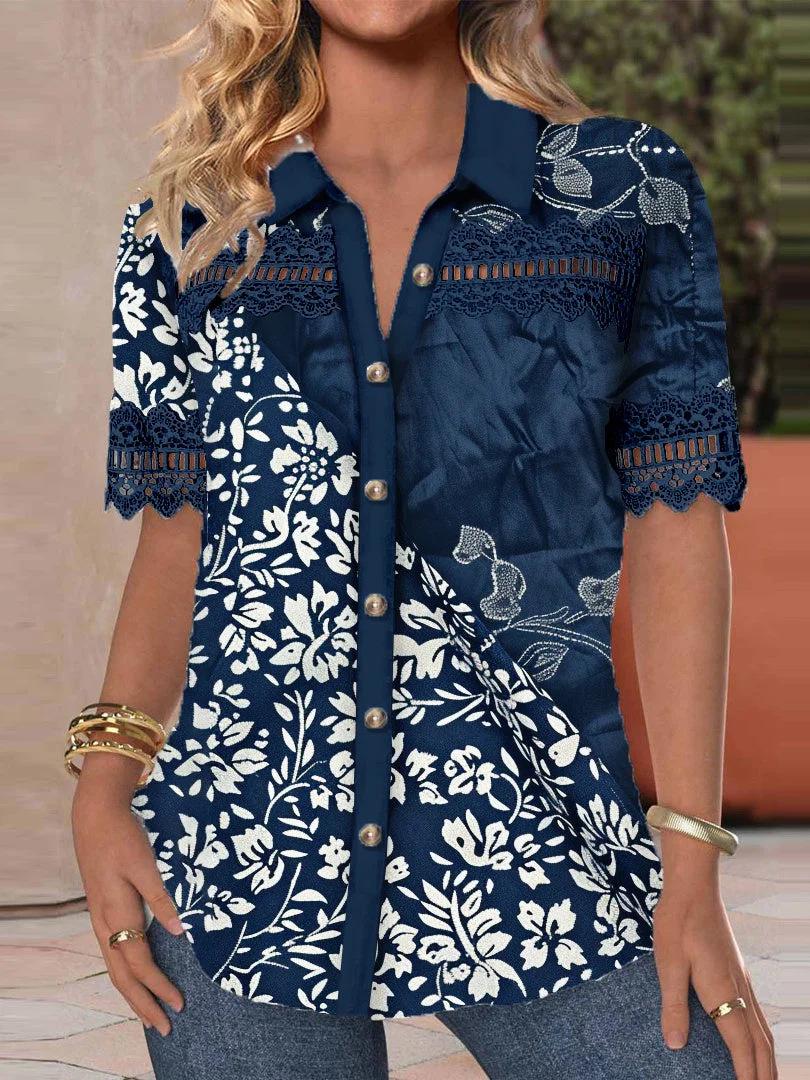 

2024 European & American Women s V-Neck Button Patchwork Casual Short Sleeve Shirt Extra Extra Large