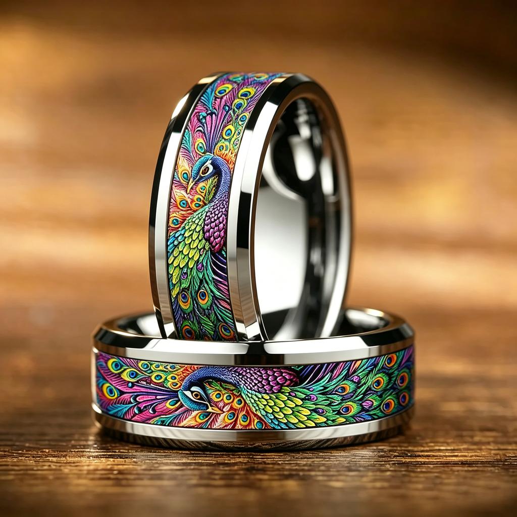 Bohemian Ring Exquisite Peacock Feather Pattern Stainless Steel Rings for Women Men Wedding Band Jewelry Gift