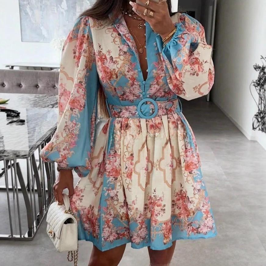 Bohemian Floral Dress With 3d Pattern And Lantern Sleeves For Casual And Beach Wear