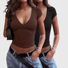 Women's Solid V-neck Short Sleeve Skinny T-shirt, Drawstring Waist Slimming Casual Basic Top, European American Style Sexy Versatile Tee