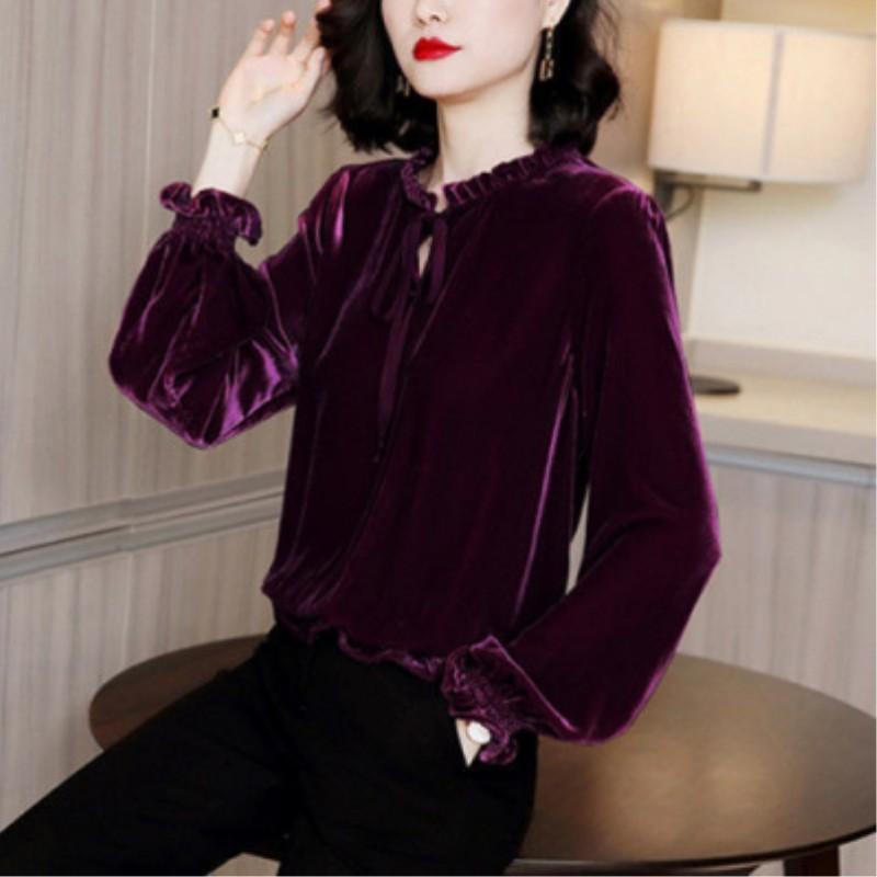 

Женская весенняя дизайнерская бархатная рубашка в стиле французского винтажа, осенний корейский стиль, топ-базовый слой свободного кроя S фиолетовый