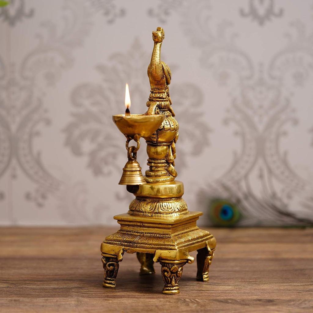 Antique Finish Decorative Handcrafted Brass Peacock Showpiece Diya With Bell And Stand, 13 Cm, 26 Cm, 9 Cm