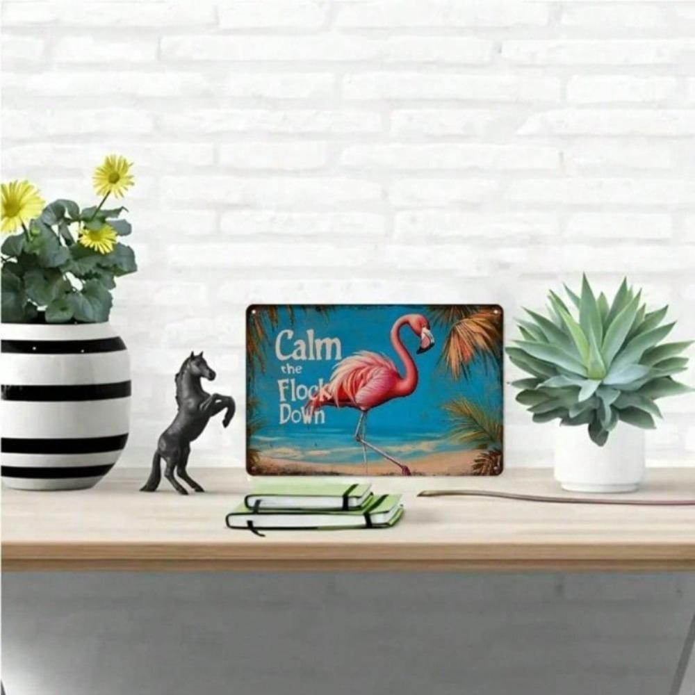 Metal Wall Art Vintage Flamingo Poster Pre Drilled Iron Sign 12x8 Inch for Bar