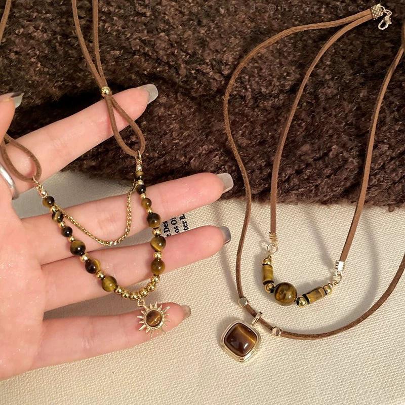 Vintage Tigerauge Geometrischer Anhänger Halskette Maillard Pullover Kette Design-Sinn Artikel