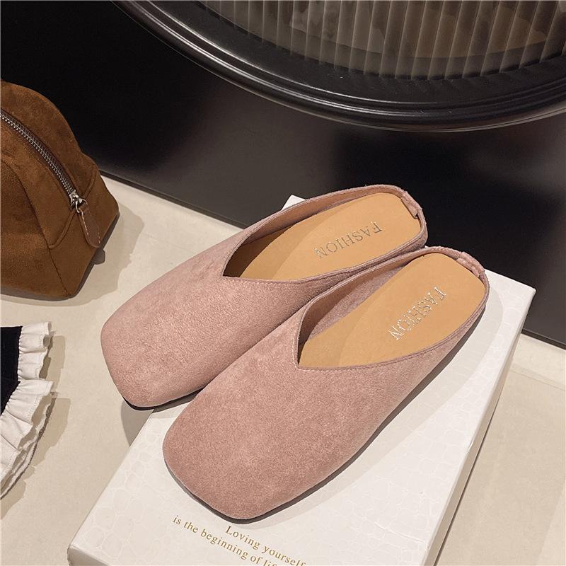 Baotou Half Slippers for Women To Wear Autumn and Winter New Niche Square Head Velvet Casual Versatile Soft-soled Muller Shoes