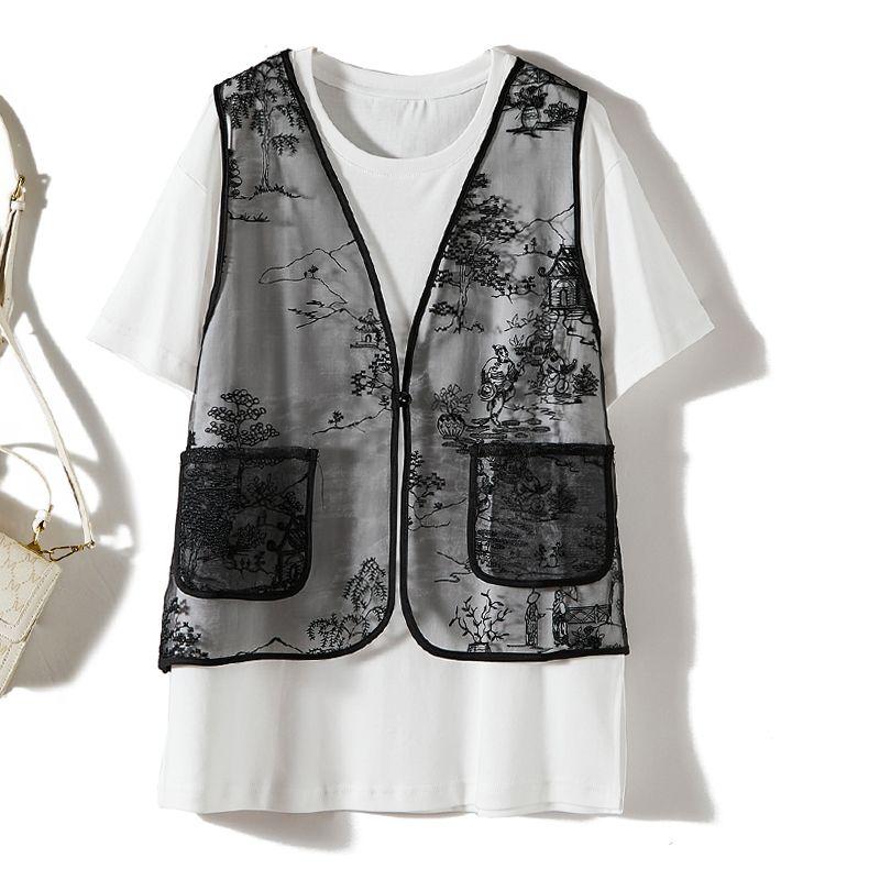 

Please Love the Details Clearly ~ Organza Vase Character Embroidered Patchwork Fake Two-Piece Long Artsy Women s T-shirt Summer White L