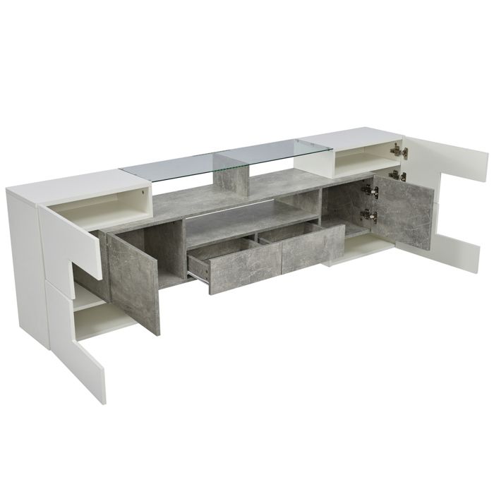 Modern TV Stand, Lacquered White and Grey, with LED Lighting, 6 Doors, 2 Drawers, Living Room Furniture, 200 X 35 X 60 Cm
