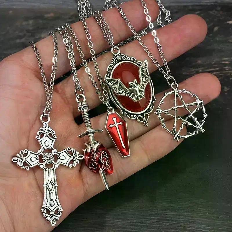 5Pcs Gothic Necklace Set For Women Halloween Jewelry Heart Bat Spider Cross Pendant Sweater Chain Trendy Daily Accessories Gift