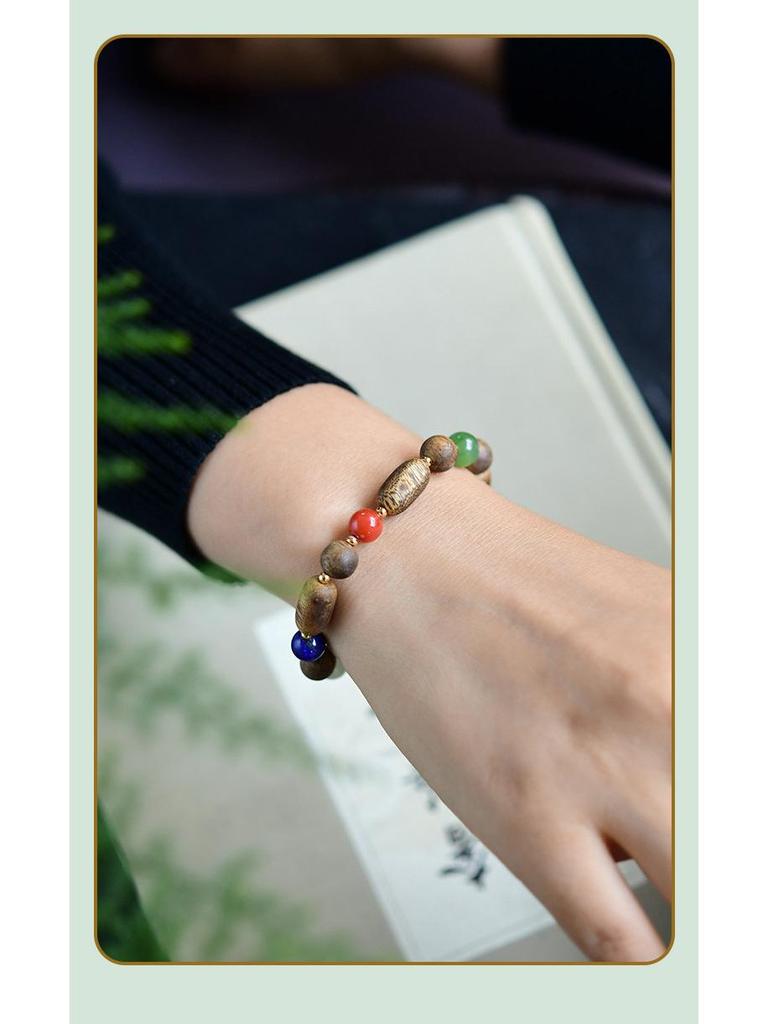 New Chinese Style Agarwood, Hetian Jade, Red Agate, Amber, Lapis Lazuli Multi-Gemstone Bracelet (Oil-Free)
