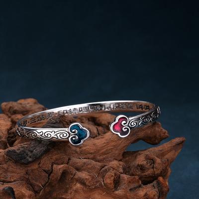 New Personalized Burnt Blue Retro Enamel Silver Bracelet Women's Cloisonne Ruyi Opening Heart Sutra Bracelet Birthday Gift