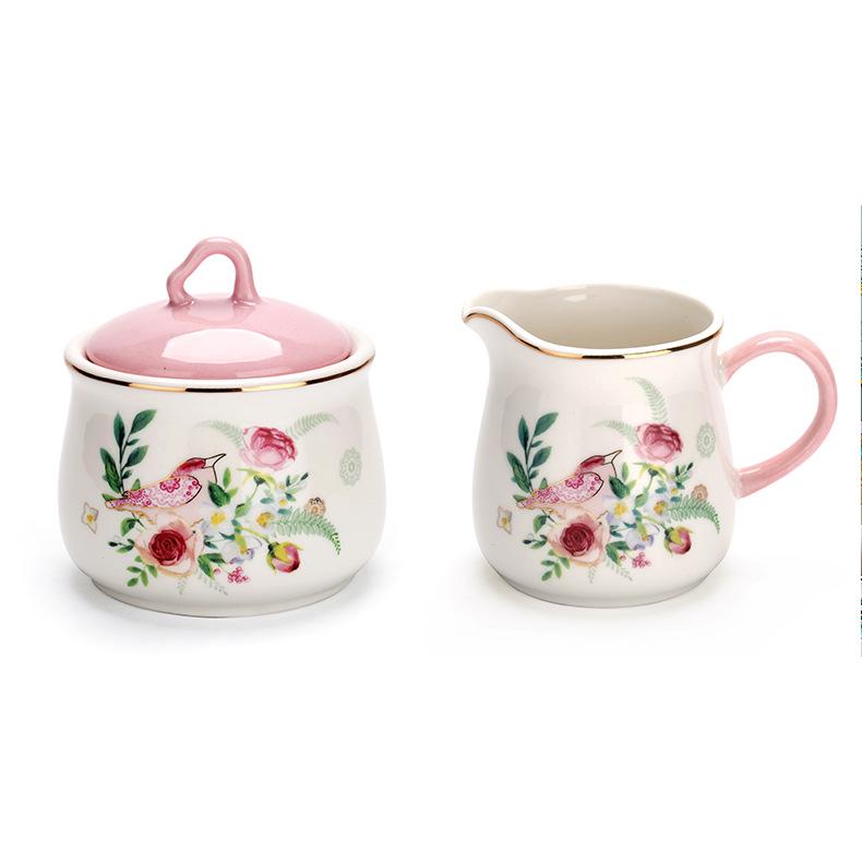 Farorui Shi Korean Afternoon Tea Set: Mug, Coffee Cup, Western Dinner Plate, Teapot, Sugar & Creamer, Small Bird Design.