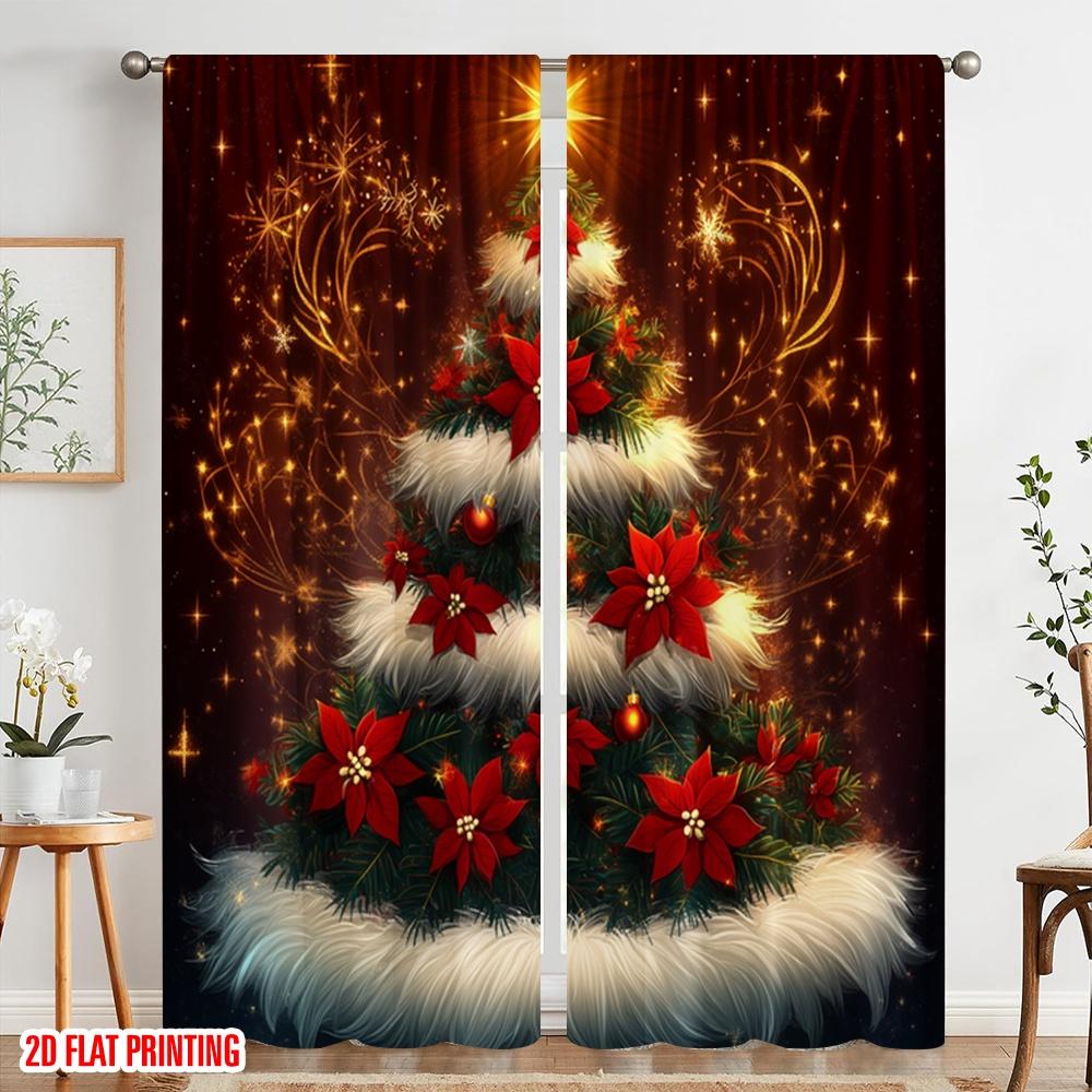 2pcs,2D Plane Printing Light Filtering Curtains Christmas Tree Poinsettia Ornaments_a Versatile Durable Polyester (without Rod)