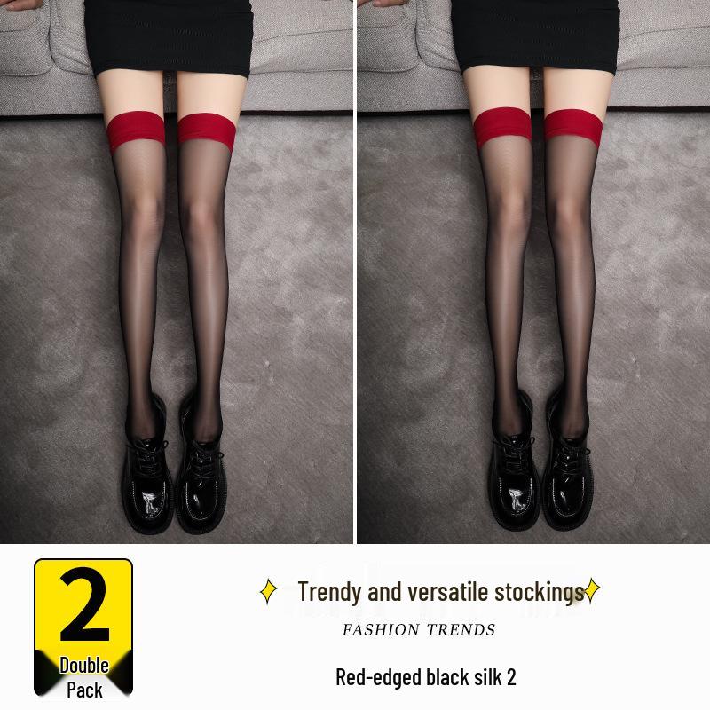Red Edge Anti-Snag Black Stockings for Women - Durable Silicone Anti-Slip Thigh-High Over-Knee Fashion Socks