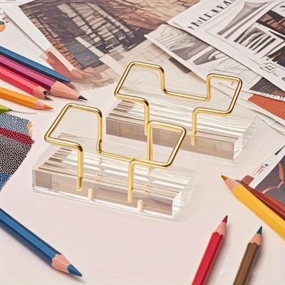 Elegant Acrylic Business Card Holder with Golden Metal Base - Clear PMMA Desktop Display Stand for Invitations
