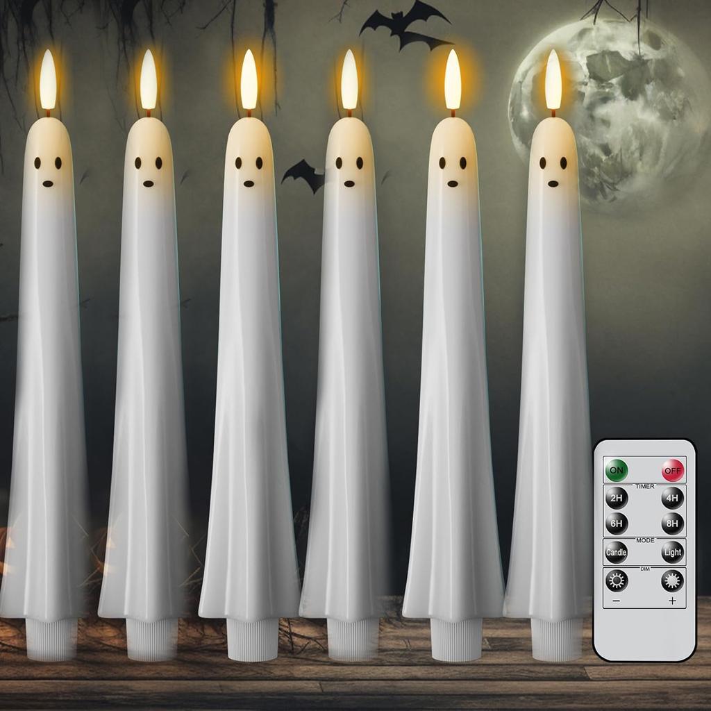 Ghost Shaped Plastic Candles Battery Operated 2/4/6 Pack White Spooky Candles with Remote and Timer for Wedding Party Home Decor