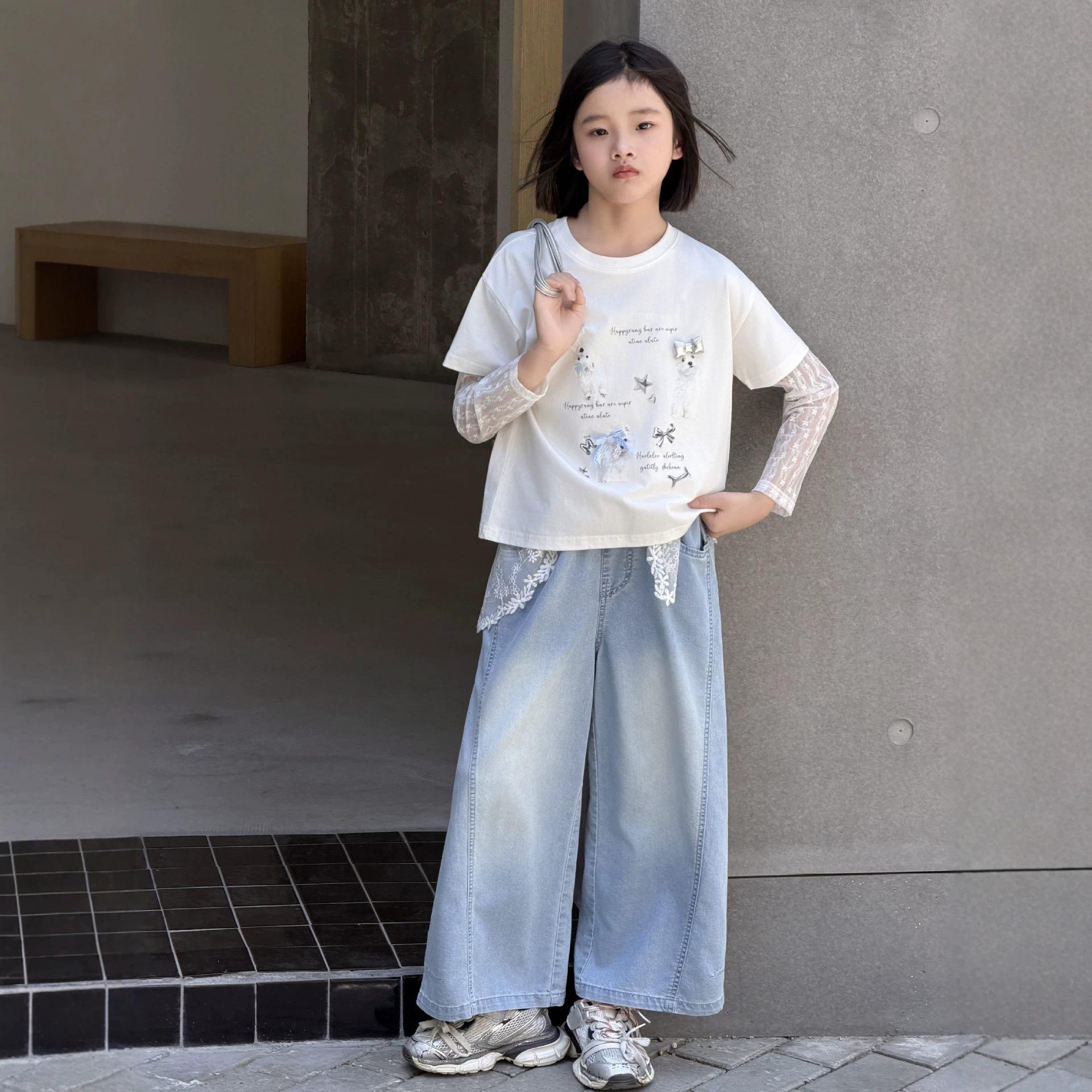 Mì Sān Mì Children s Korean Style Cartoon Lace Short Sleeve Cute Summer Top 150cm