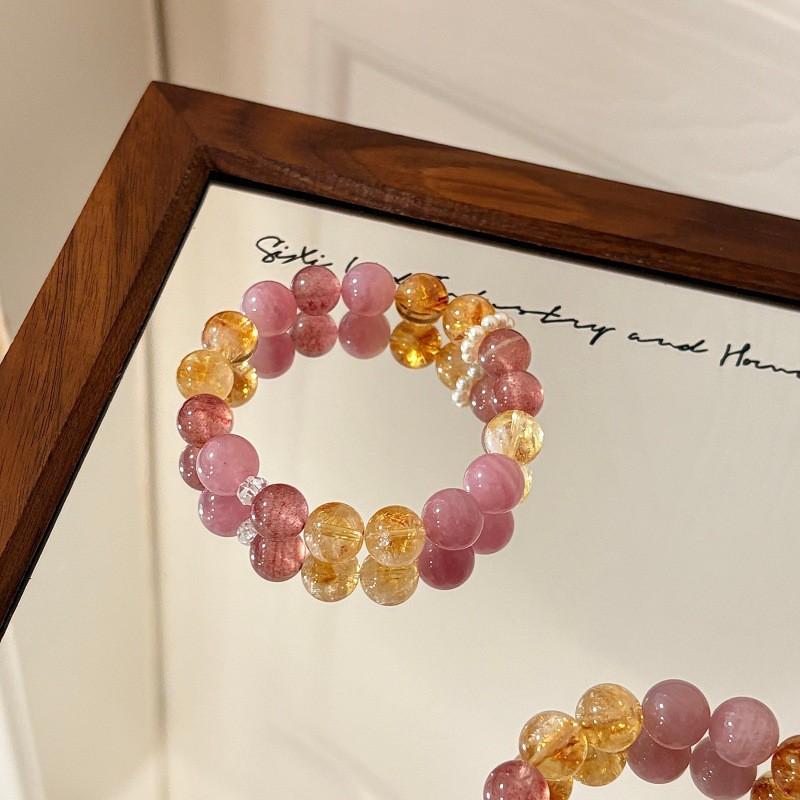 Womens Strawberry Citrine Rose Quartz Beaded Bracelet Dainty Crystal Jewelry Everyday Wear