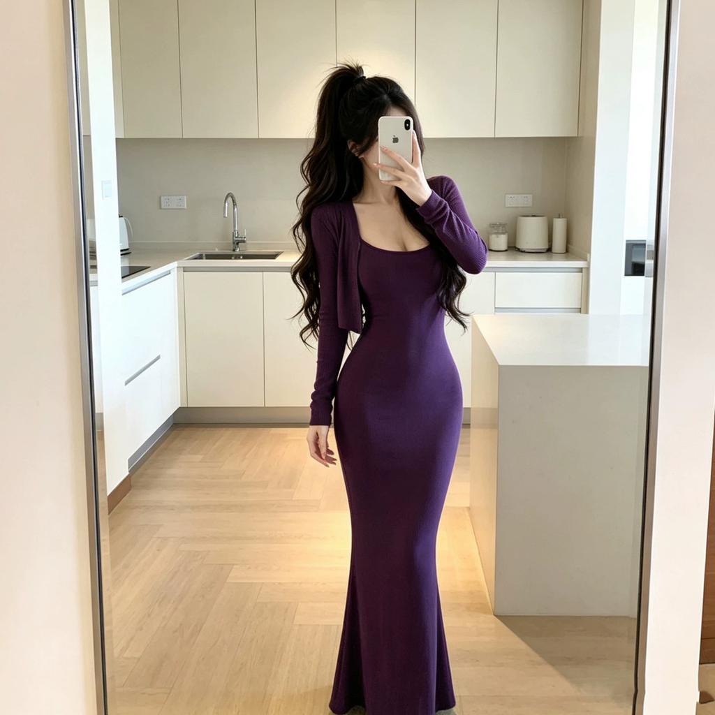 Pure desire to show body sexy hip wrap fishtail suspender dress slim elastic long dress long sleeve cardigan two-piece set women