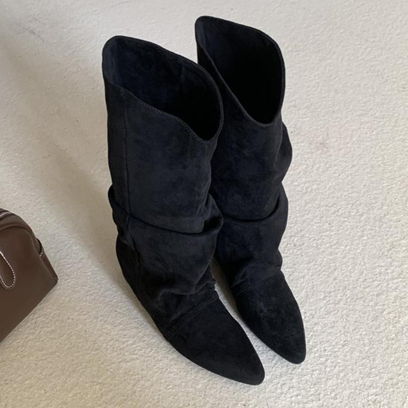 Fashion Flats Women High Boots Suede Pointed Toe Winter Shoes Fashion Designer Knee High Woman Boots 2025 New Dress Mujer Chelsea Botas