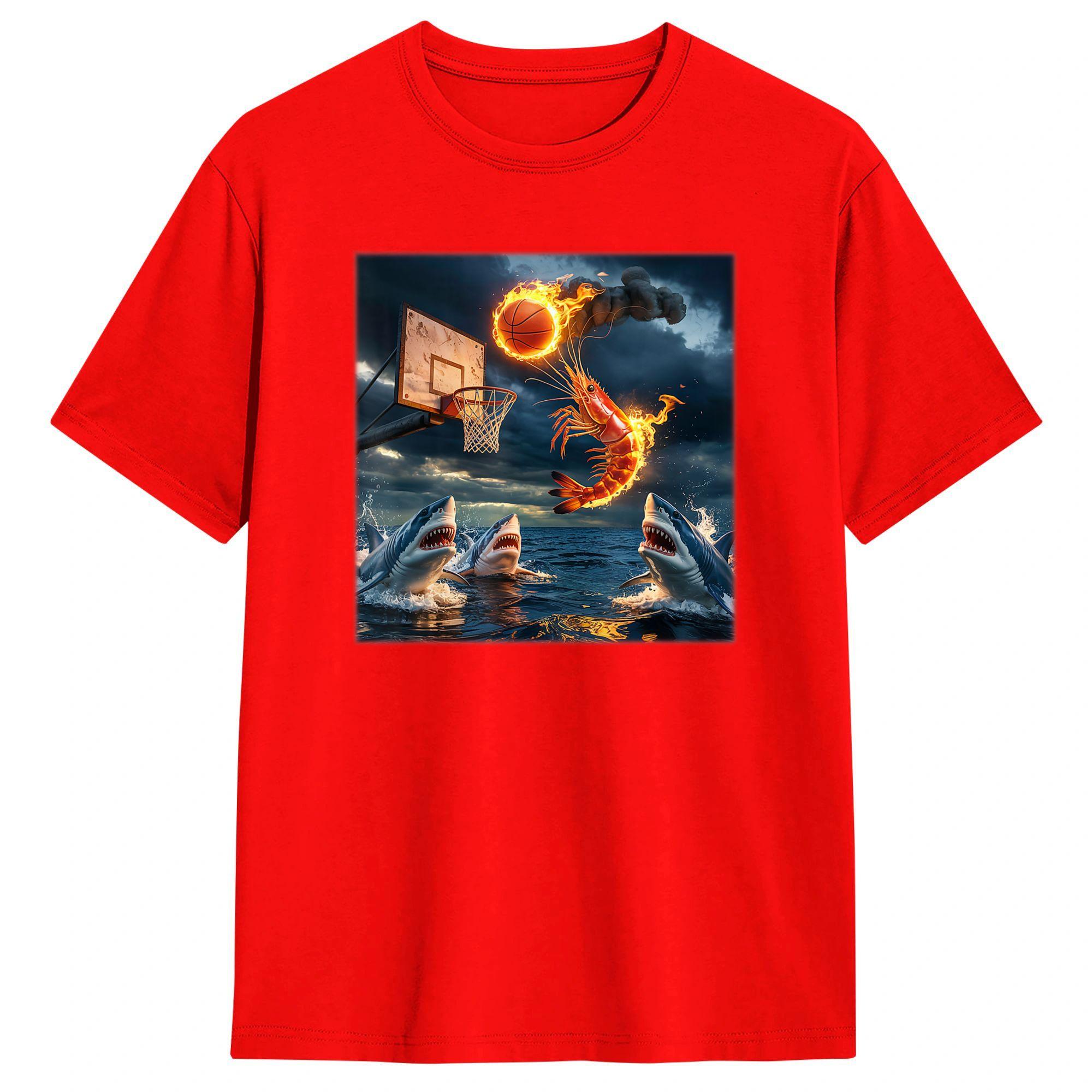 Shrimp Dunking On Shark Funny Fishing Meme T Shirt Summer YK Basic T Shirt Pure Cotton Harajuku Tshirt For Unisex Casual Top Tees S