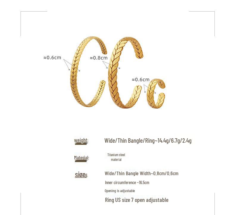 European & American Geometric Adjustable Wheat Ear Bangle and Ring Set for Women – Titanium Steel Jewelry