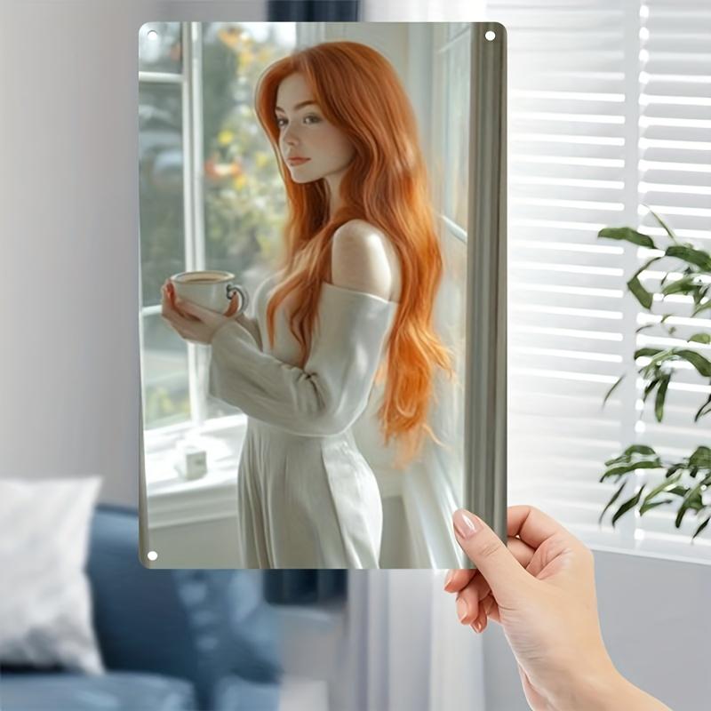 D Illustration Redhead Girl Drinking Coffee by Window Morning Light Aesthetic Anime Art Print Poster 20x30cm(7.8x11.8inch)