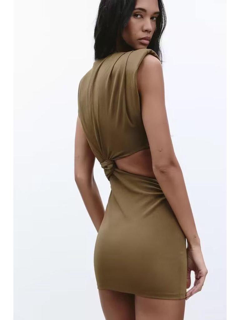 2025 Summer Sleeveless Slim Fit Mini Dress with Round Neck and Waist Cutout for Women
