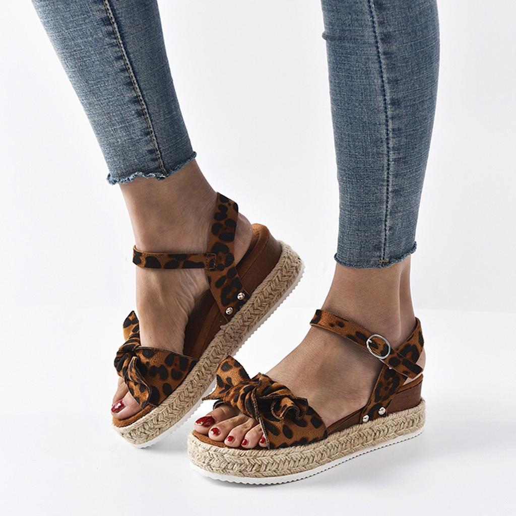 Women's Ladies Fashion Solid Leopard Wedges Bowknot Sandals Casual Shoes