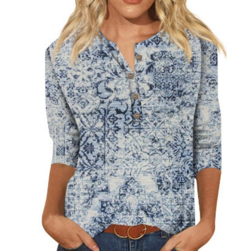 Button V-neck 3D Printed Top Fashionable Casual Long Sleeved Women's T-shirts